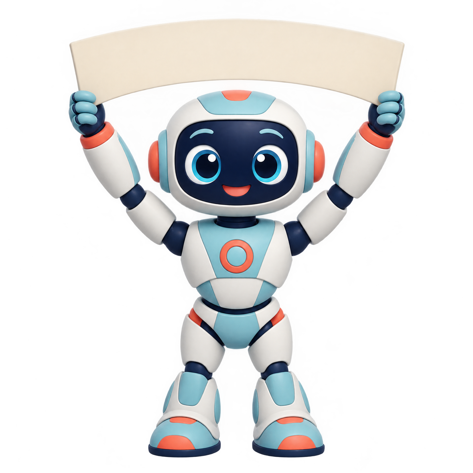 Friendly robot holding a sale banner with both hands